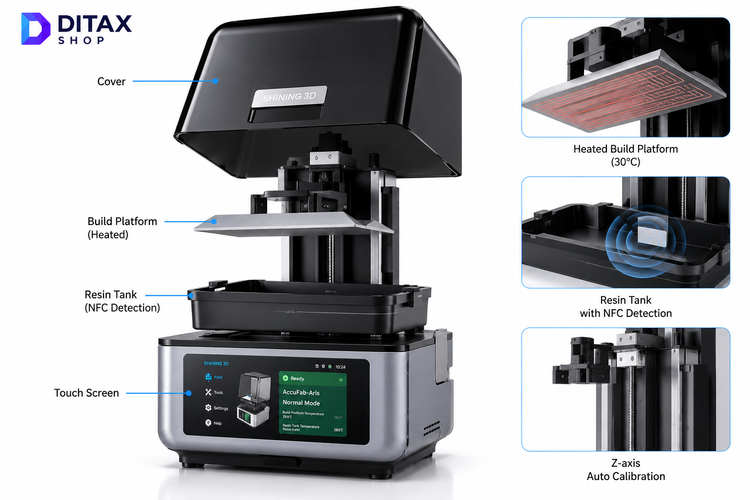 SHINING 3D AccuFab-Aris dental 3D printer components, including cover, heated build platform, resin tank with NFC detection, touchscreen, and Z-axis assemblyl